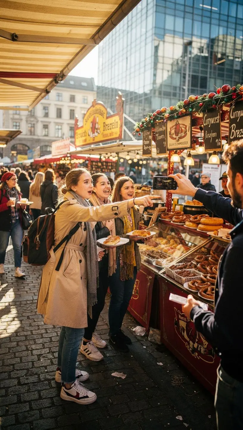 Glückliche Reisende genießen eine geführte Stadttour in einer historischen deutschen Altstadt.