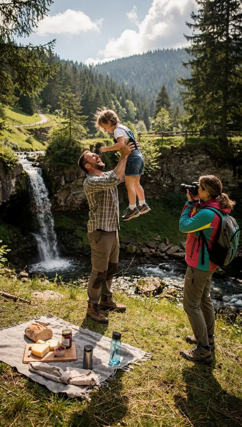 Panoramaaufnahme eines entspannten Wochenendurlaubs in der Natur, mit Wanderern auf einem deutschen Wanderweg.